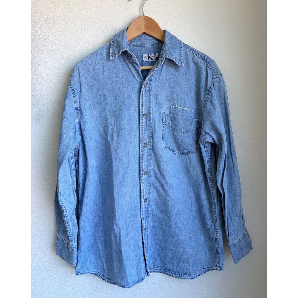CALVIN KLEIN JEANS Vintage 90s Embroidered Logo Denim Jean Shirt Mens Small